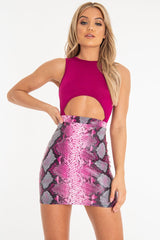 Pink Coated Snake Print Bodycon Mini Skirt - Gigi