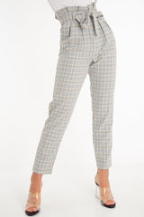 Grey Mustard Check Tie Waist Tapered Trousers - Nikita