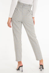 Grey Mustard Check Tie Waist Tapered Trousers - Nikita