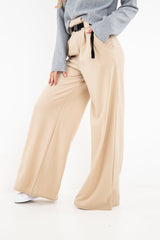 Nude High Waist Paper Bag Buckle Belt Trousers - Ivyonna