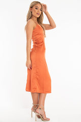 Rust Satin Straight Neck Tie Up Midi Dress - Irina