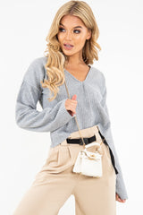 Grey Chunky Rib V-Neck Jumper - Evalise