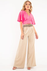 Neon Pink Plunge Tie Back Blouse Crop Top - Bryelle
