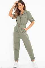 Khaki Front Button Belted Boiler Jumpsuit - Nyrah