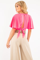Neon Pink Plunge Tie Back Blouse Crop Top - Bryelle