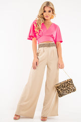 Neon Pink Plunge Tie Back Blouse Crop Top - Bryelle