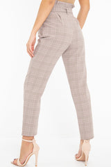 Brown Pink Check Tie Waist Tapered Trousers - Nikita