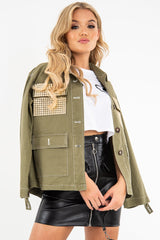 Khaki Sequin Pocket Button Denim Jacket - Celeste