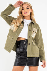 Khaki Sequin Pocket Button Denim Jacket - Celeste