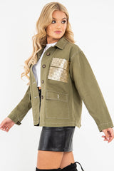 Khaki Sequin Pocket Button Denim Jacket - Celeste