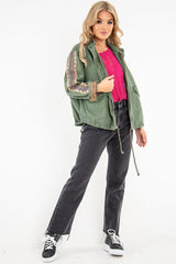 Khaki Embroidered Sleeve Detail Denim Parka Jacket - Kaori