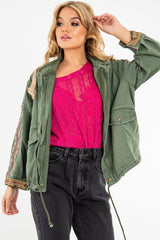 Khaki Embroidered Sleeve Detail Denim Parka Jacket - Kaori