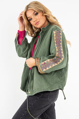 Khaki Embroidered Sleeve Detail Denim Parka Jacket - Kaori