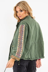 Khaki Embroidered Sleeve Detail Denim Parka Jacket - Kaori