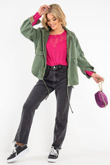 Khaki Embroidered Sleeve Detail Denim Parka Jacket - Kaori