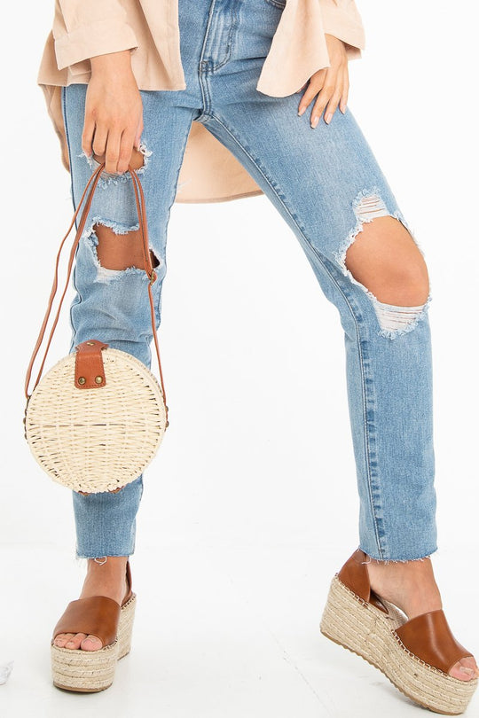Natural Woven Faux Leather Detail Round Bag - Dionne