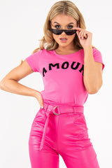 Pink Black Amour Textured Slogan Tee - Andelyn