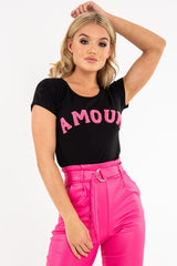 Black Pink Amour Textured Slogan Tee - Andelyn