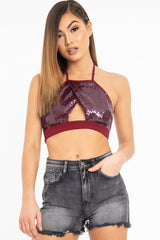 Wine Sequin Halter Neck Split Front Crop Top - Reese