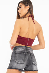 Wine Sequin Halter Neck Split Front Crop Top - Reese