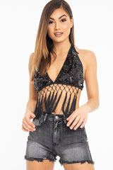 Black Embellished Sequin Tie Back Halterneck Bralet - Gemini