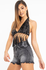 Black Embellished Sequin Tie Back Halterneck Bralet - Gemini