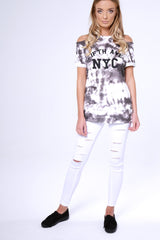 Black Tie Dye Cold Shoulder Slogan Top - Zeyna