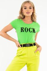 Green Black Rock Slogan Textured T-Shirt - Effie