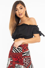 Black Ruched Bardot Gypsy Crop Top - Janette