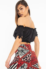 Black Ruched Bardot Gypsy Crop Top - Janette