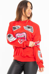 Red Eyes Lips Printed Sweatshirt - Beckie