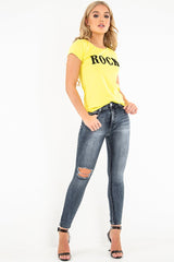 Yellow Black Rock Slogan Textured T-Shirt - Effie