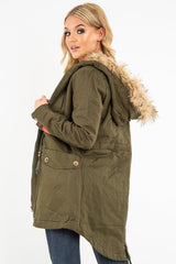 Khaki Fleece Lined Faux Fur Hood Parka Coat - Kiyomi