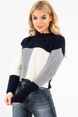 Navy Colour Block Chunky Knit Jumper - Maebel
