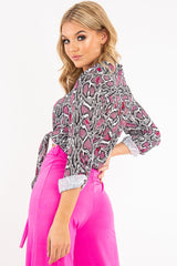 Pink White Snake Print Tie Front Shirt - Maisha