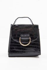 Black Patent Faux Croc Handle Detail Bag - Barbara