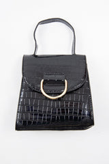Black Patent Faux Croc Handle Detail Bag - Barbara