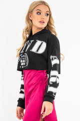 Black Athletic Slogan Crop Raw Hem Hoodie - Jersie