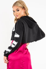 Black Athletic Slogan Crop Raw Hem Hoodie - Jersie