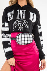 Black Athletic Slogan Crop Raw Hem Hoodie - Jersie