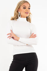 White Rib Roll Neck Long Sleeve Top - Marci