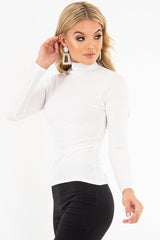 White Rib Roll Neck Long Sleeve Top - Marci