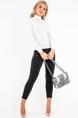 White Rib Roll Neck Long Sleeve Top - Marci