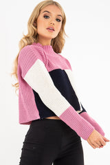 Pink Colour Block Chunky Knit Jumper - Maebel