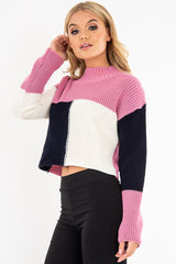 Pink Colour Block Chunky Knit Jumper - Maebel