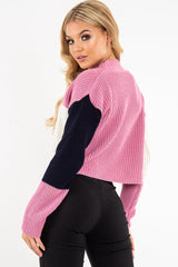 Pink Colour Block Chunky Knit Jumper - Maebel