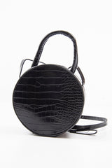 Black Faux Croc Handle Round Cross Body Bag - Lashea