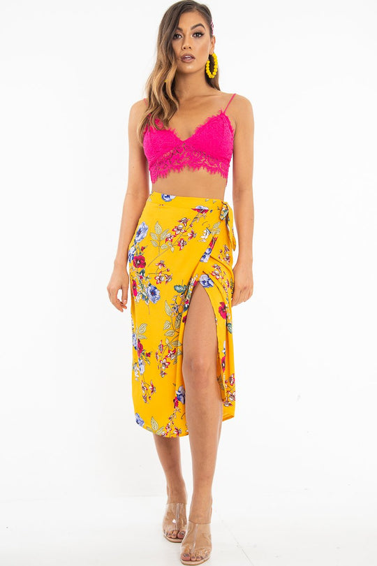 Mustard Floral Wrap Tie Side Midi Skirt - Mailah