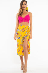 Mustard Floral Wrap Tie Side Midi Skirt - Mailah