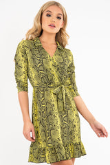 Yellow Snake Print Wrap Tie Front Skater Dress - Eldana